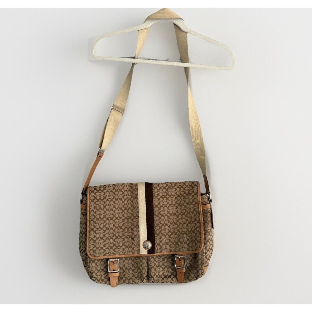 Coach Signature Voyager Messenger Crossbody Bag in Brown Leather Trim